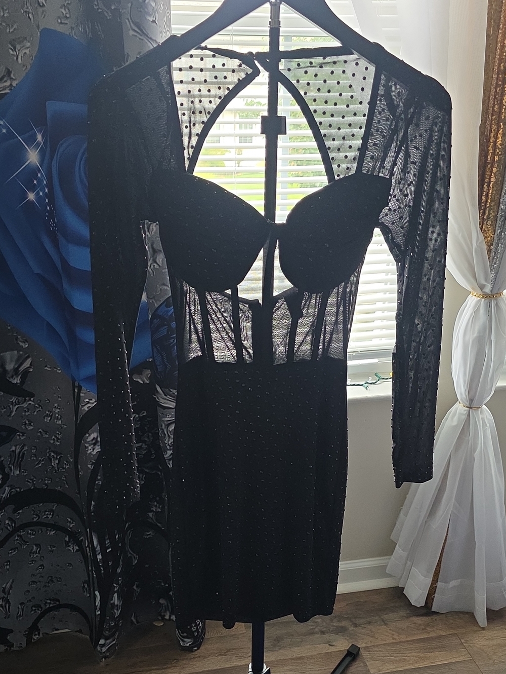 Windsor Black Long-Sleeve Mesh Corset Bodycon Dress